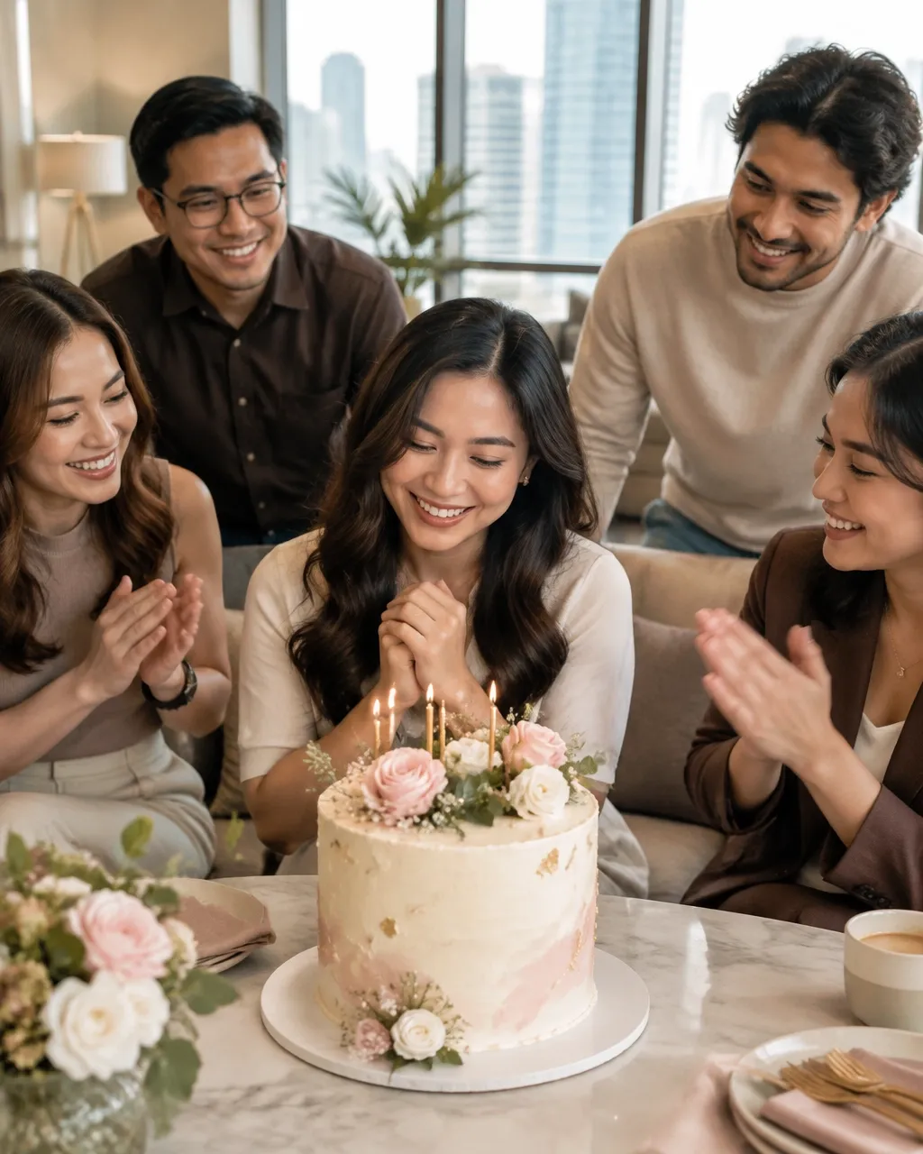 Coworkers sharing a birthday celebration around a handcrafted eggless cake