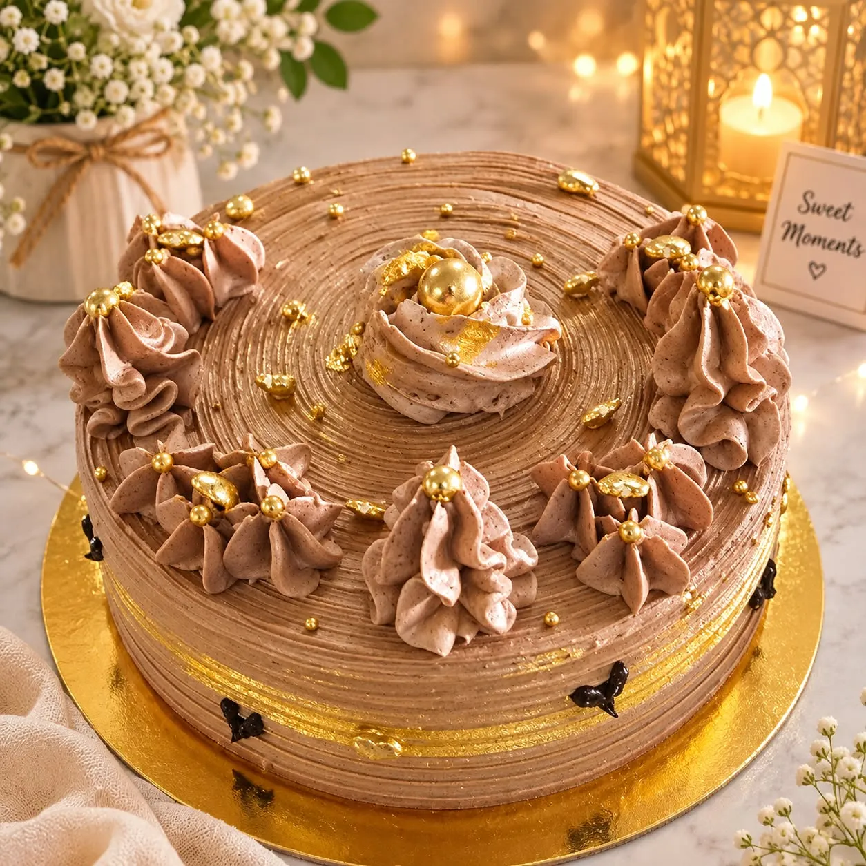 Golden mocha birthday cake finished with floral piping and gold details