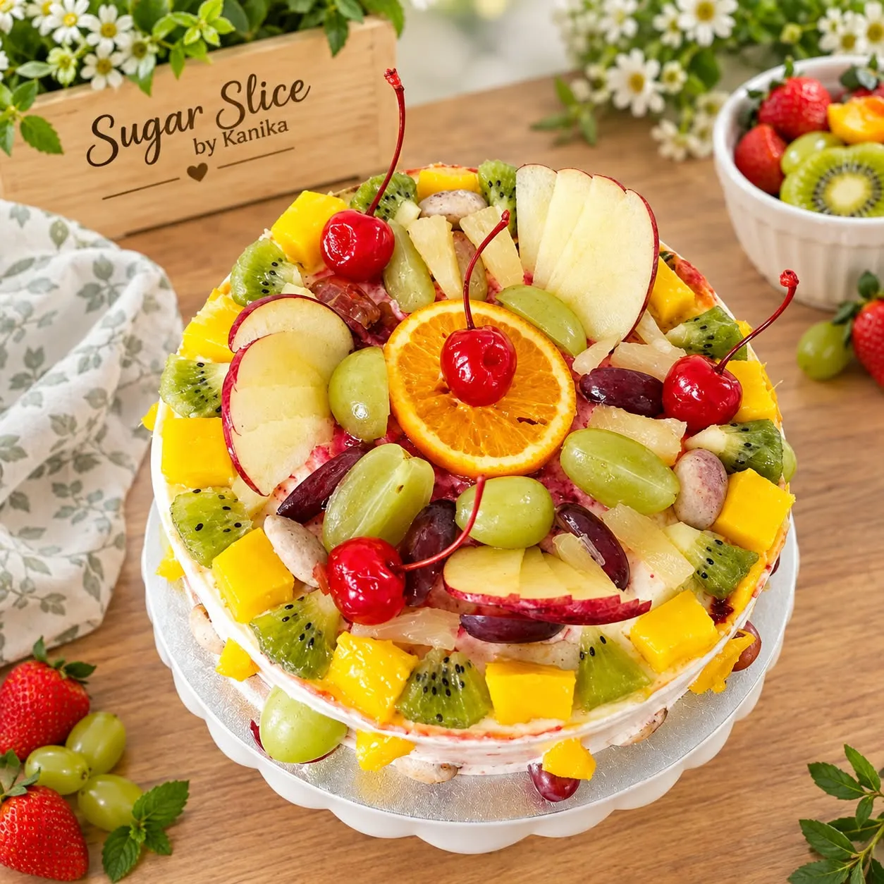 Fresh fruit cake photographed beside a Sugar Slice by Kanika sign