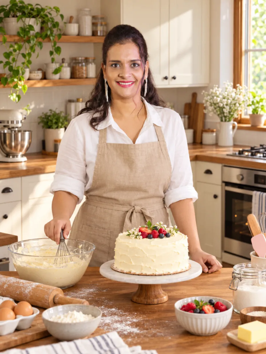 Kanika, Sugar Slice founder and baker, in her home kitchen with a freshly decorated cake